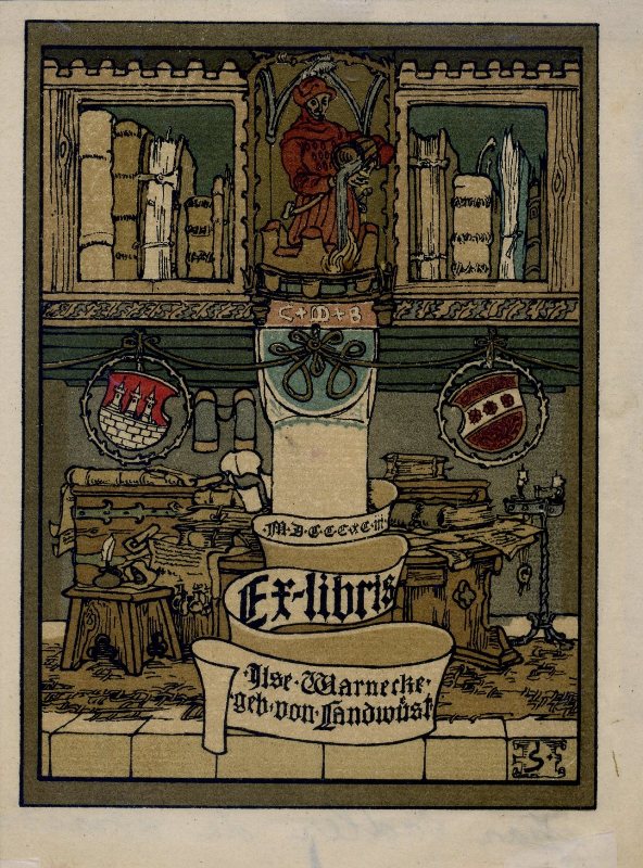 EX LIBRIS Lise Marnecke Gravure originale en couleur Format gravure : 133 x 97 mm Format feuille : 157 x 118 mm Date : 1893 Signe du monogramme en bas a droite