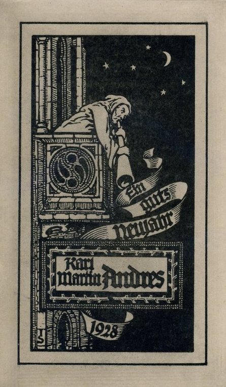 EX LIBRIS Karl Martin Andres "Ein guts Neujahr" Gravure (sur bois ?) Format gravure : 100 x 54 mm Format feuille : 125 x 77 mm Date 1928 Signe du monogramme en bas a gauche