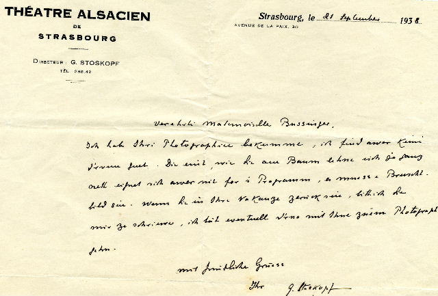 lettre de Stoskopf adressee a l'actrice Bussinger, datee du 21 septembre 1938