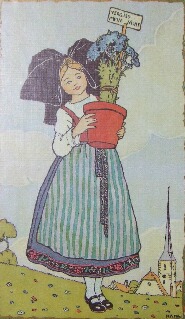couverture de Mon village : une alsacienne (symbole de l'Alsace perdue) portant le pot de fleurs (ne m'oublie pas)