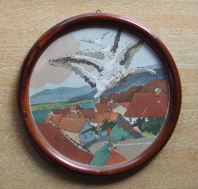 Vol de cigognes sur un village alsacien (pochoir,dans les annees 20), signe C.Spindler : cigogne prend limage de l'avison francais qui vient sauver l'Alsace